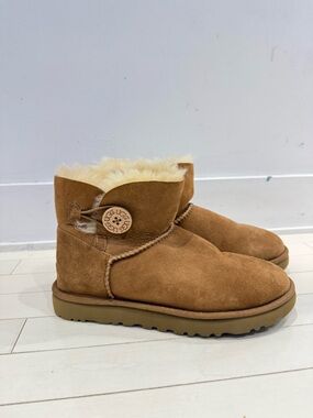 UGG Kids Chestnut Suede Button Boot with Cream Sheepskin